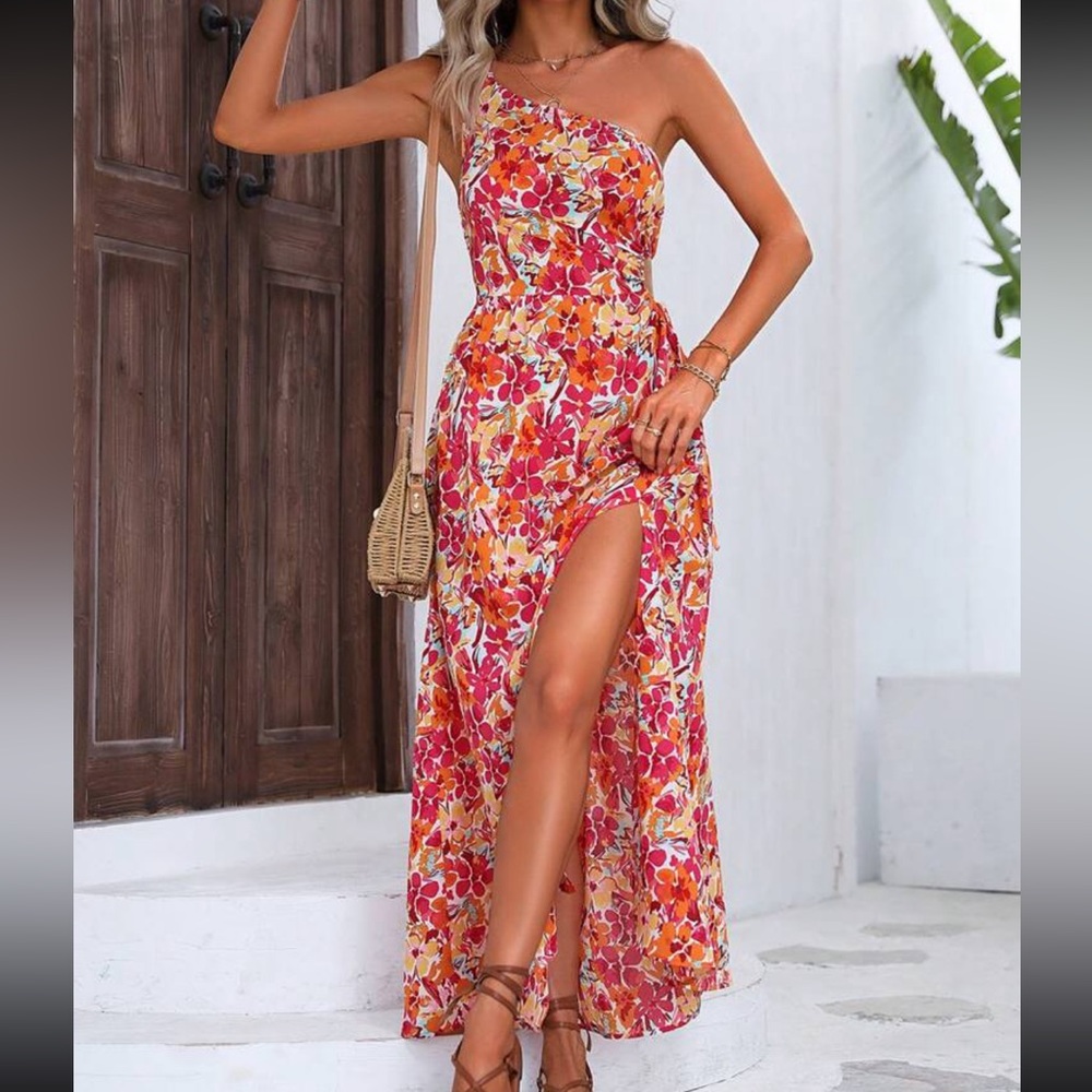 Vacay floral pink high slit one shoulder dress